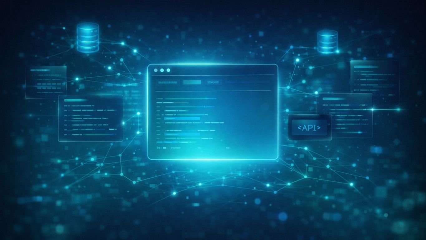 abstract web development concept with API, database and network connections